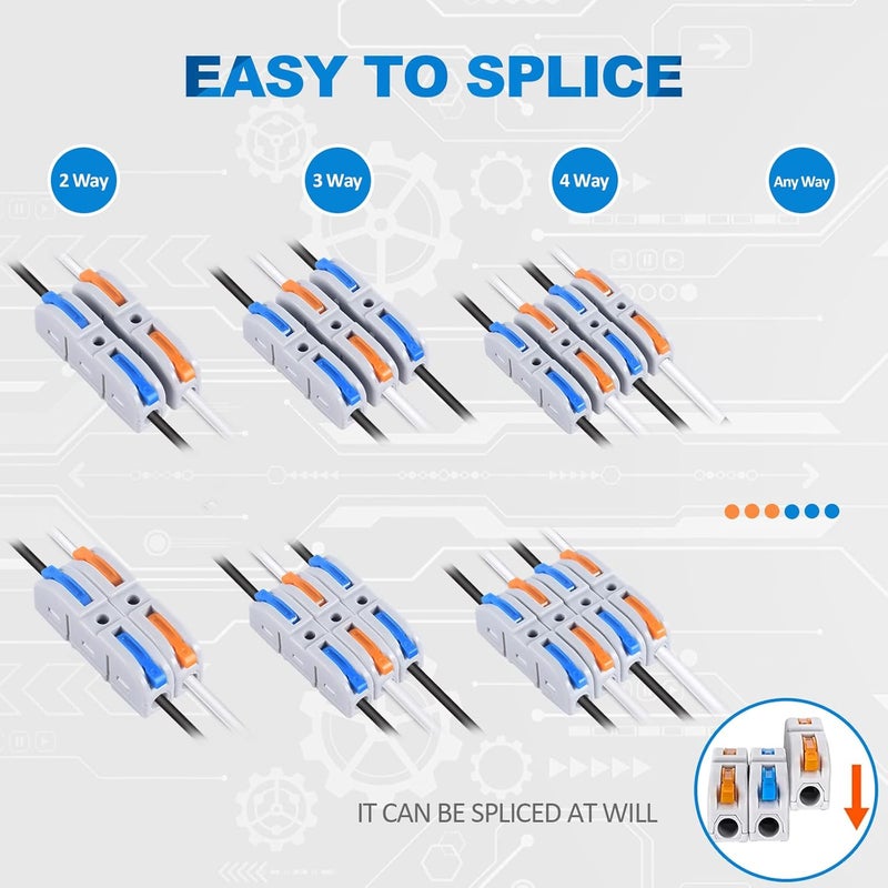 HTCELLE Lever Wire Connectors, 200-Piece Inline Wire Connectors kit for Quick Connect, Push in Compact Splicing Electrical Butt Terminals for Circuit Inline 28-12 AWG 1 in 1out. - Image 4